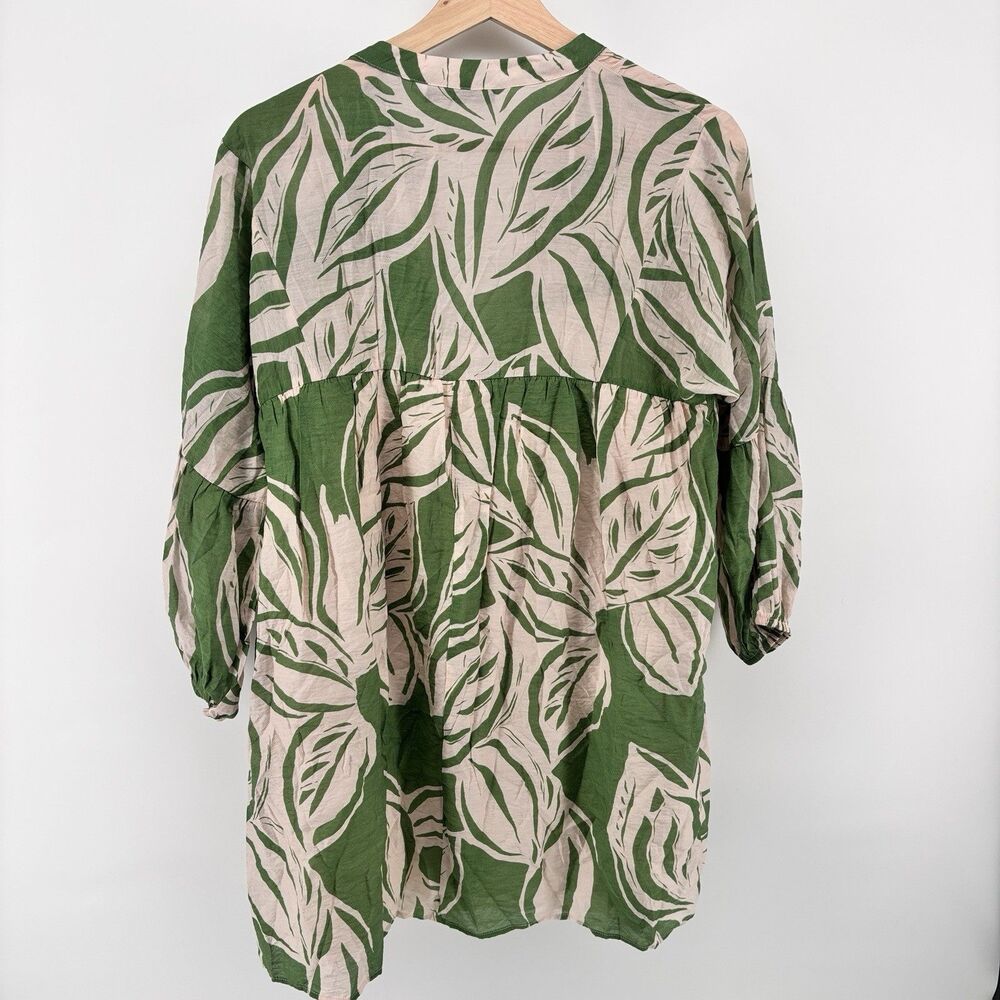 ZARA Women's XS Green Cream Leaf Print Long Sleeve Peplum Blouse